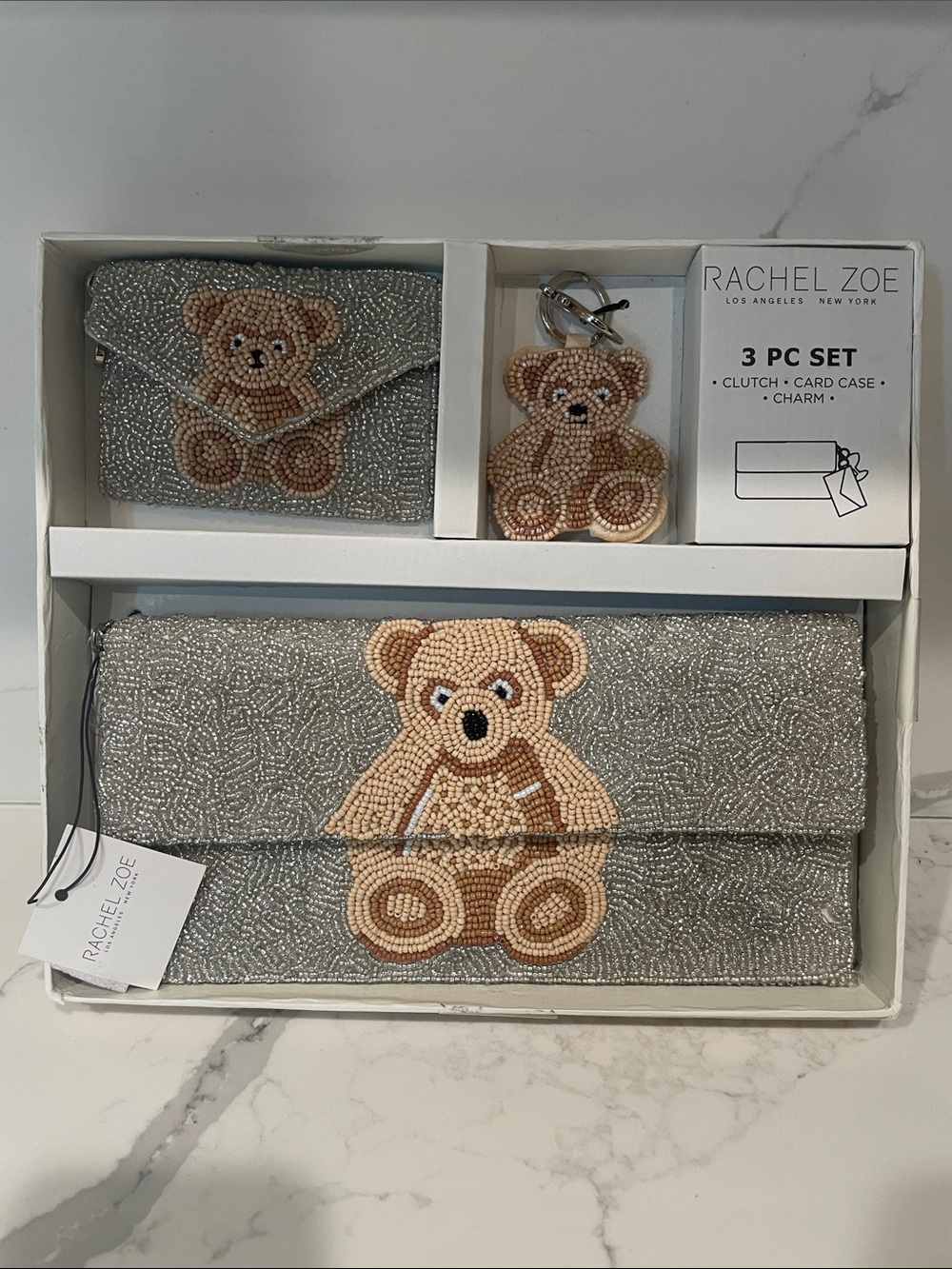 Rachel Zoe Silver Beaded Teddy Bear 3-Piece Clutch Set - Picture 2 of 7